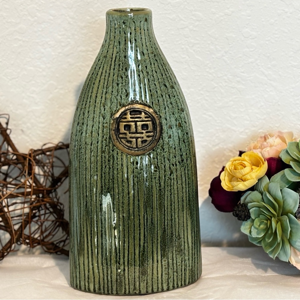 Vintage Green Drip Glaze Pottery Vases with Gold Brushed Glaze Medallion